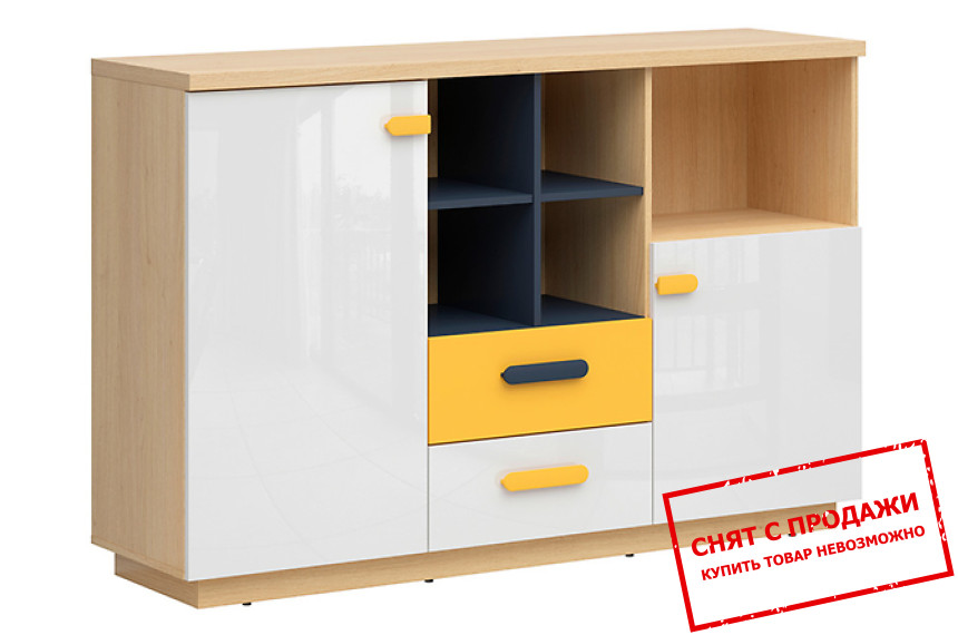 Комод Wesker KOM2D2S BRW 2-дверный с 2 ящиками Дуб натуральный/темно-синий/белый глянец/желтый