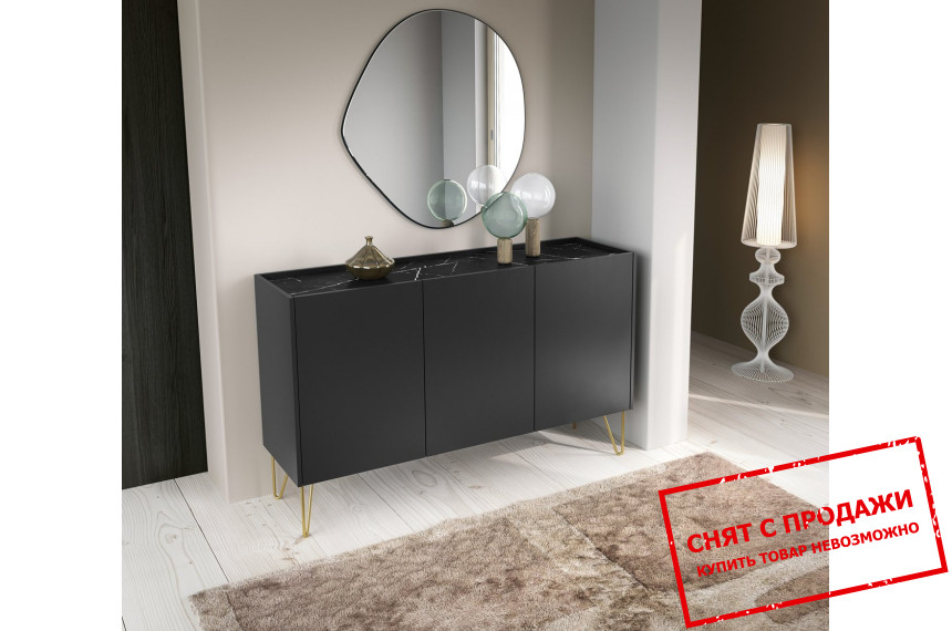 Комод Perfect Home Гармони / Harmony K144 3-дверный с золотыми ножками Черный/черный мрамор роял