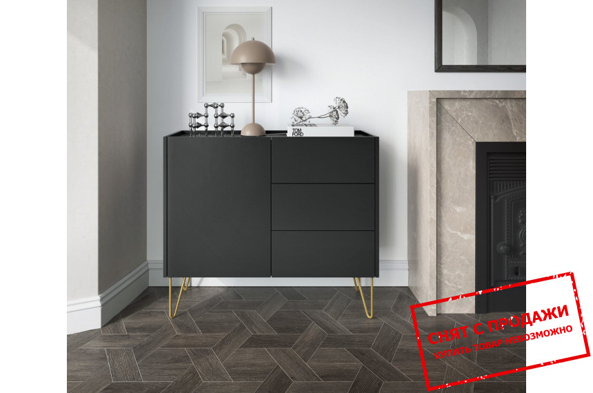 Комод Perfect Home Гармони / Harmony KSZ97 1-дверный с 3 ящиками и золотыми ножками Черный/черный мрамор роял