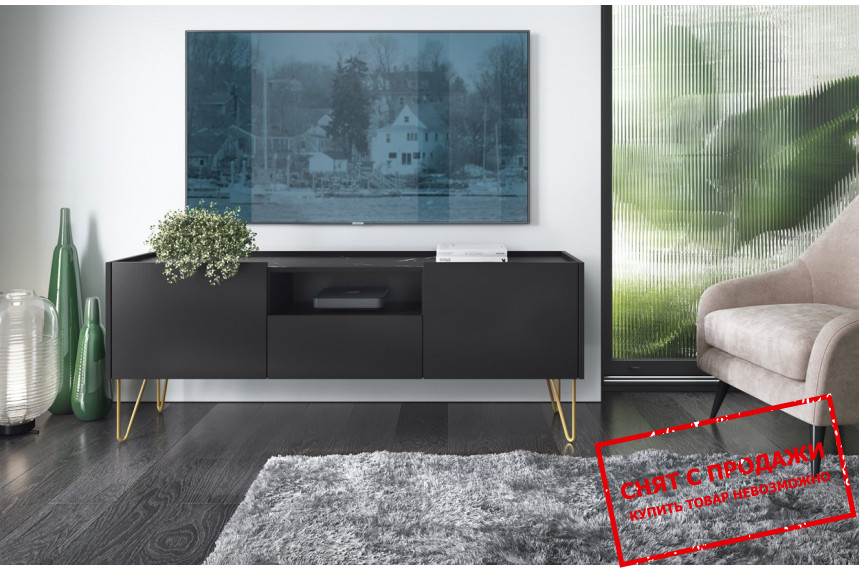 Тумба под ТВ Perfect Home Гармони / Harmony RTV144 1-дверная с 2 ящиками и золотыми ножками Черный/черный мрамор роял