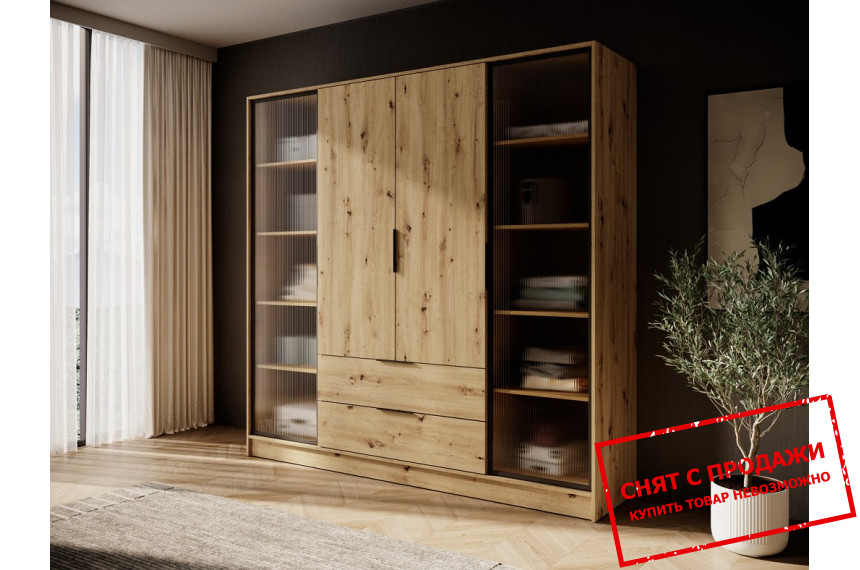 Гардеробная / шкаф платяной Келли / Kelly 4DRD Perfect Home 4-дверная с боковыми прозрачными дверями Дуб артизан