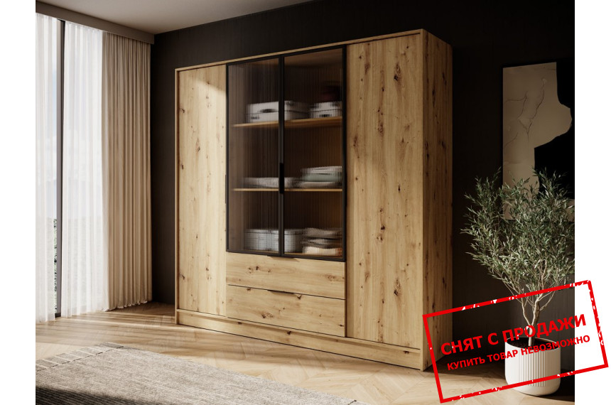 Гардеробная / шкаф платяной Келли / Kelly 4DRM Perfect Home 4-дверная с центральными прозрачными дверями и дополнительными полками Дуб артизан