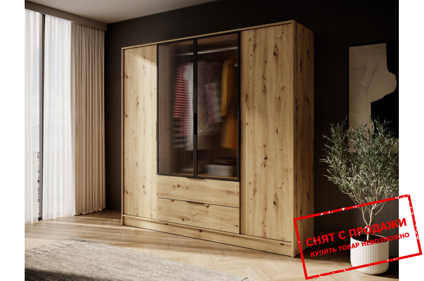 Гардеробная / шкаф платяной Келли / Kelly 4DRM Perfect Home 4-дверная с центральными прозрачными дверями и реей Дуб артизан