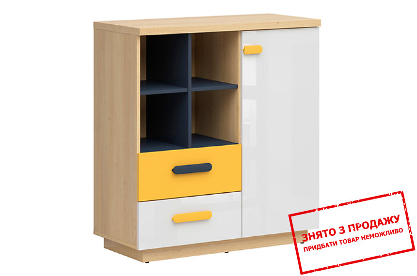 Комод Wesker KOM1D2S BRW 1-дверний з 2 шухлядами Дуб натуральний/темно-синій/білий глянець/жовтий