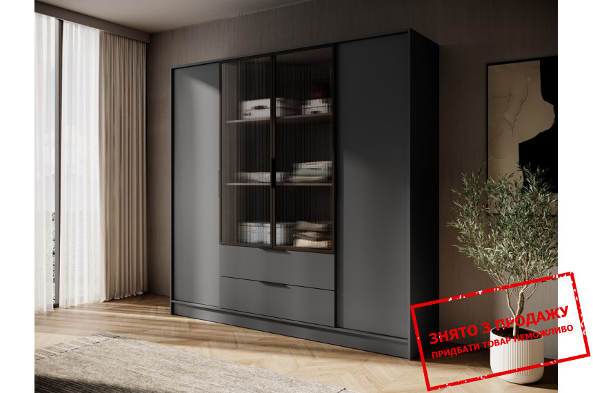 Гардеробна / шафа для одягу Келлі / Kelly 4DRM Perfect Home 4-дверна з центральними прозорими дверцятами та додатковими полицями Графіт