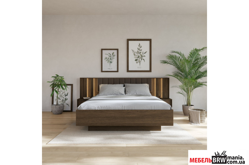 Кровать (каркас) Perfect Home Амаро / Amaro 160  с тумбами прикроватными и мягким изголовьем двухспальная Дуб дунин