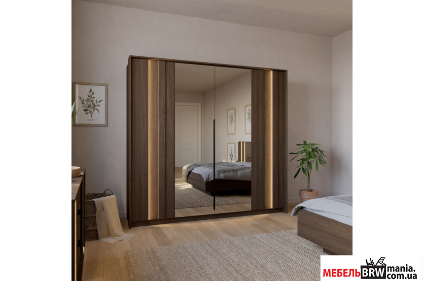 Шкаф платяной с подсветкой Perfect Home Амаро / Amaro 4D/223 4-дверный с зеркалом Дуб дунин