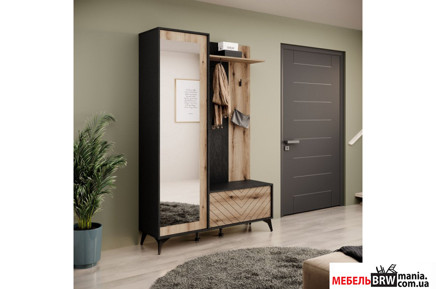 Прихожая с зеркалом Perfect Home Даймонд / Diamond 2-дверная Черный/дуб эвок