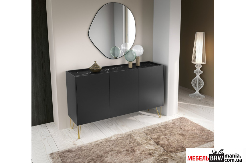 Комод Perfect Home Гармони / Harmony K144 3-дверный с золотыми ножками Черный/черный мрамор роял