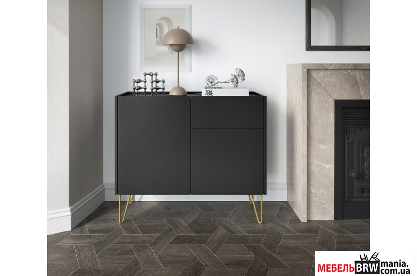 Комод Perfect Home Гармони / Harmony KSZ97 1-дверный с 3 ящиками и золотыми ножками Черный/черный мрамор роял