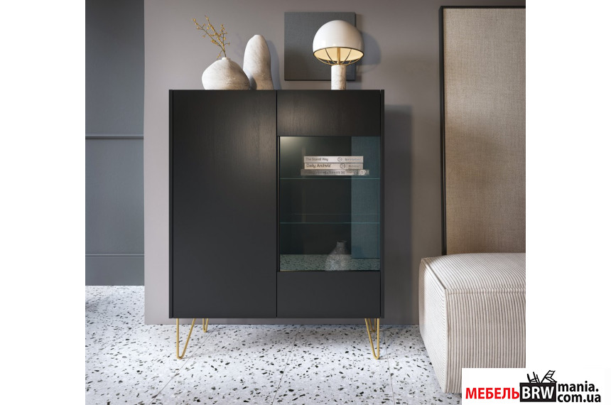 Витрина Perfect Home Гармони / Harmony WT97 2-дверная с золотыми ножками Черный/черный мрамор роял