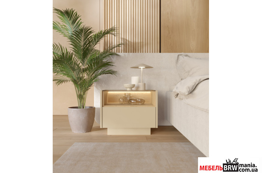 Тумба прикроватная с подсветкой Perfect Home Хиро / Hiro 1S/54 с 1 ящиком Какао/дуб кремона