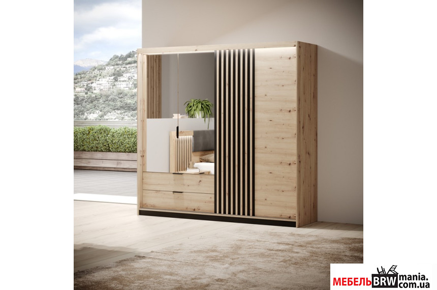 Шкаф полукупе платяной Perfect Home Талли / Tally 4D2S/220 4-дверный с зеркалом Дуб артизан/антрацит