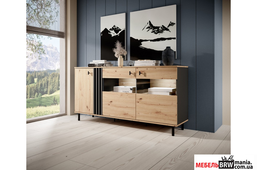 Комод с витриной Perfect Home Мадис / Madis 3D2W/165 3-дверный Дуб артизан/антрацит