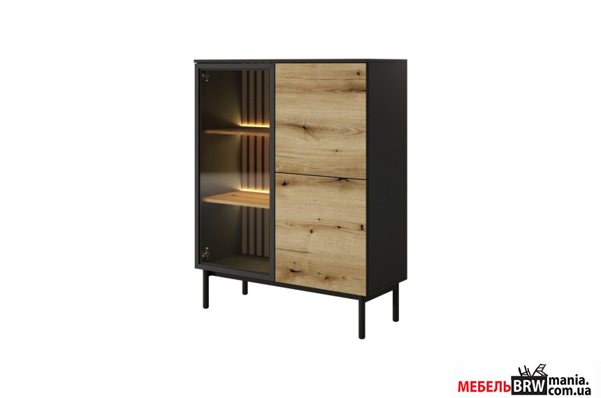 Витрина низкая с подсветкой Perfect Home Ланг / Lang 3D1W/100 3-дверная Черный/дуб эвок