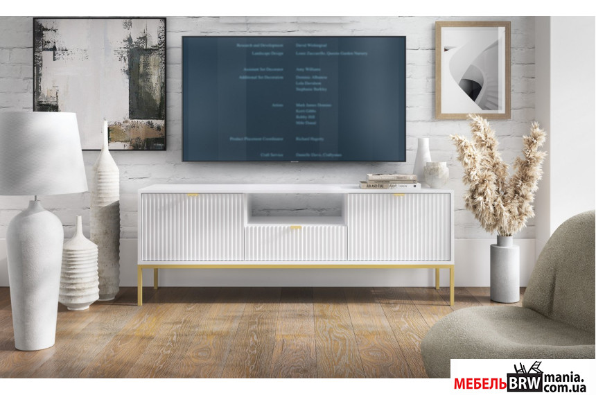 Тумба под ТВ Perfect Home Нова / Nova RTV154 2-дверная с 1 ящиком и золотыми ножками Белый