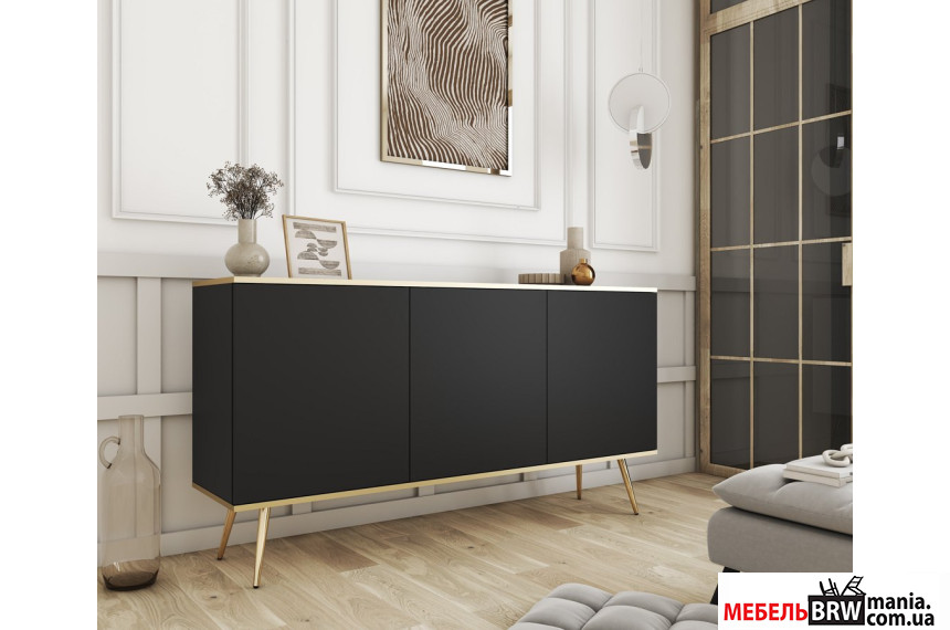 Комод Perfect Home Оро / Oro K160 3-дверний з золотими ніжками Чорний