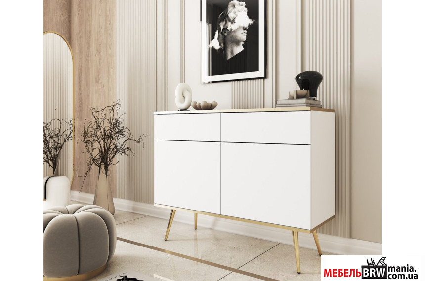 Комод Perfect Home Оро / Oro KSZ107 2-дверний з 2 шухлядами і золотими ніжками Білий