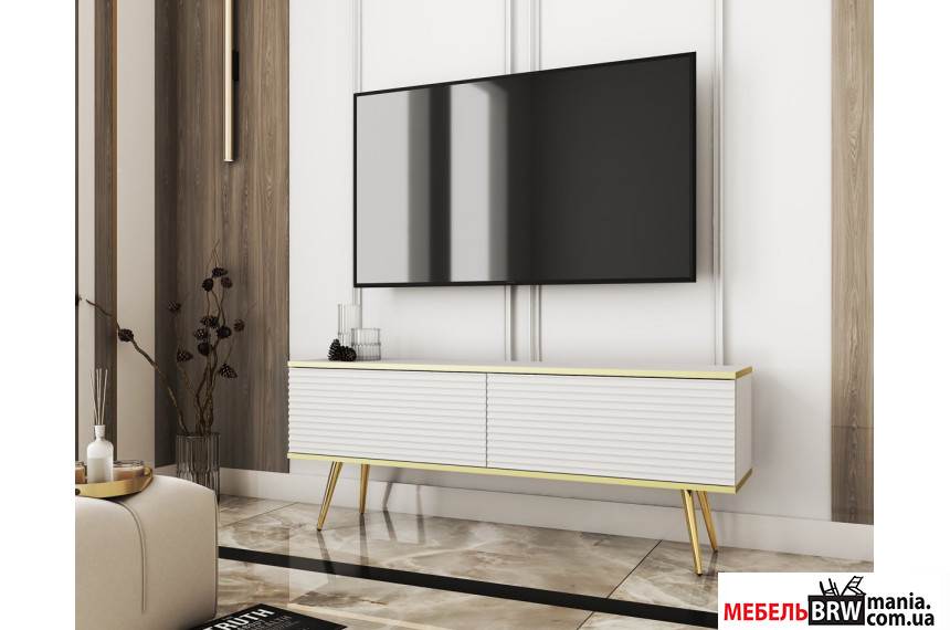 Тумба под ТВ Perfect Home Оро / Oro RTV135 MDF 2-дверная с золотыми ножками Белый