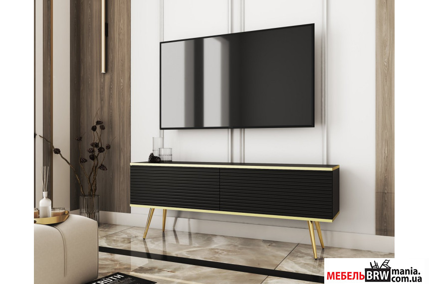 Тумба под ТВ Perfect Home Оро / Oro RTV135 MDF 2-дверная с золотыми ножками Черный