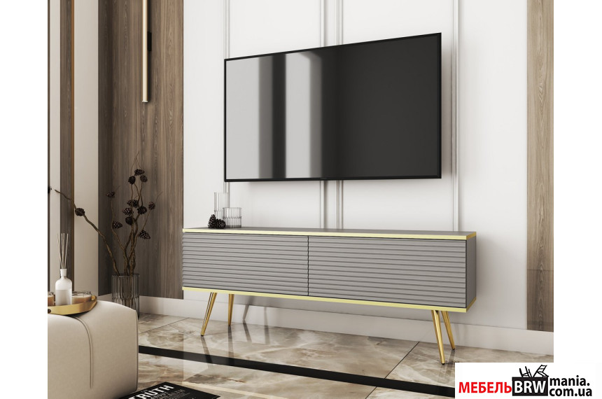 Тумба под ТВ Perfect Home Оро / Oro RTV135 MDF 2-дверная с золотыми ножками Серый
