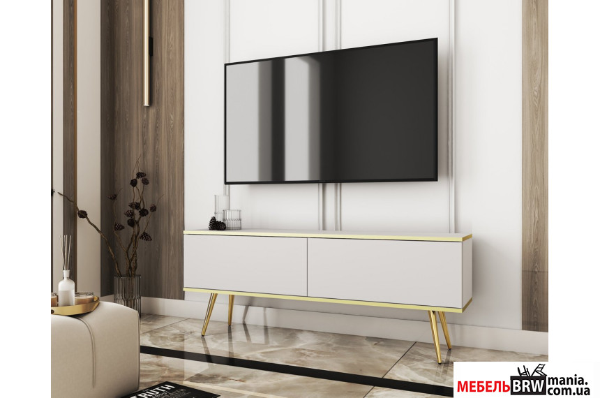 Тумба под ТВ Perfect Home Оро / Oro RTV135 2-дверная с золотыми ножками Белый