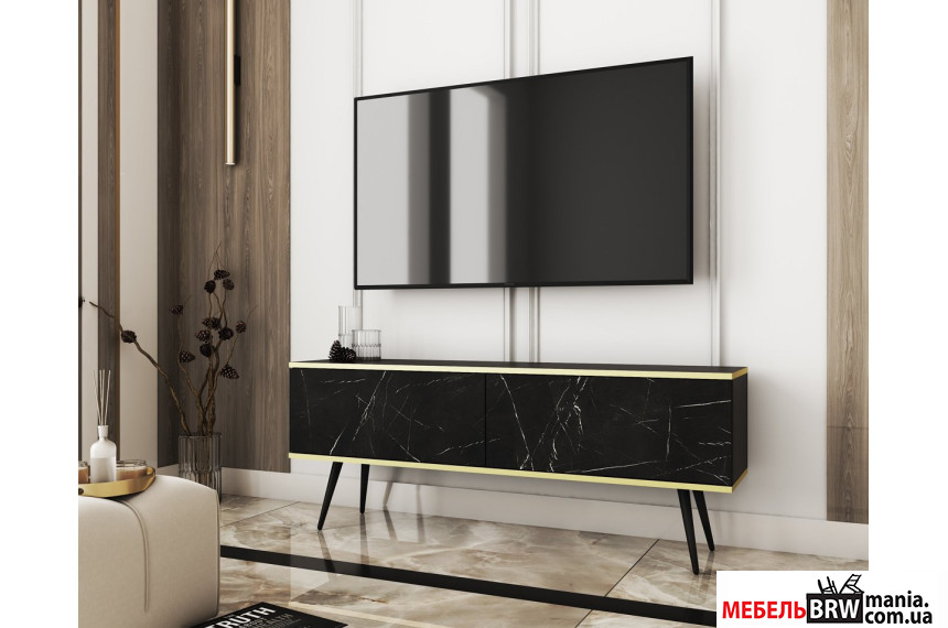 Тумба под ТВ Perfect Home Оро / Oro RTV135 2-дверная с черными ножками Черный мрамор роял