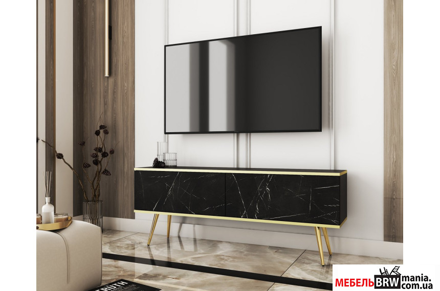 Тумба под ТВ Perfect Home Оро / Oro RTV135 2-дверная с золотыми ножками Черный мрамор роял