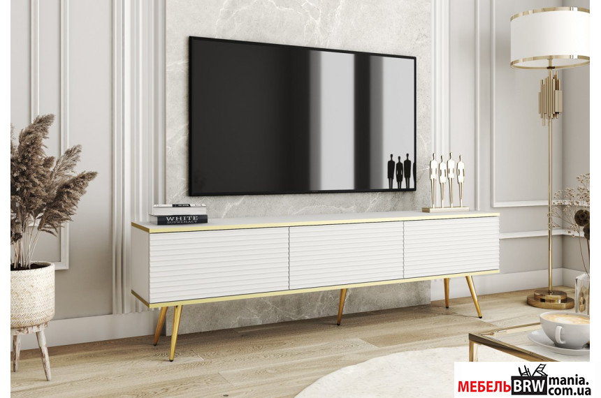Тумба под ТВ Perfect Home Оро / Oro RTV175 MDF 3-дверная с золотыми ножками Белый