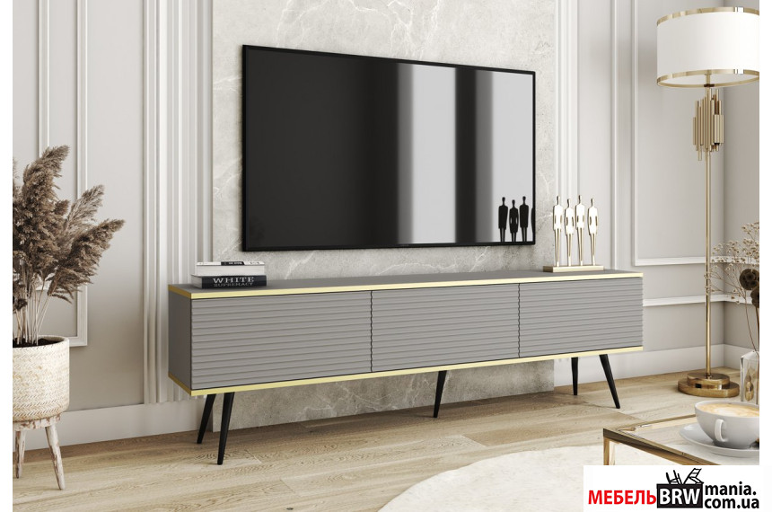 Тумба під ТВ Perfect Home Оро / Oro RTV175 MDF 3-дверна з чорними ніжками Сірий