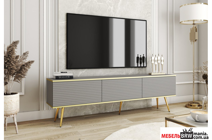 Тумба під ТВ Perfect Home Оро / Oro RTV175 MDF 3-дверна з золотими ніжками Сірий