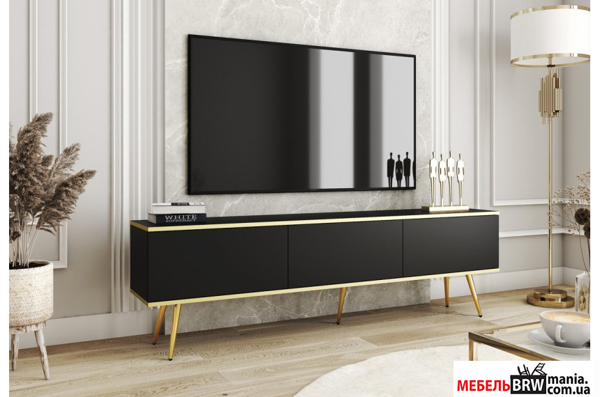 Тумба под ТВ Perfect Home Оро / Oro RTV175 3-дверная с золотыми ножками Черный