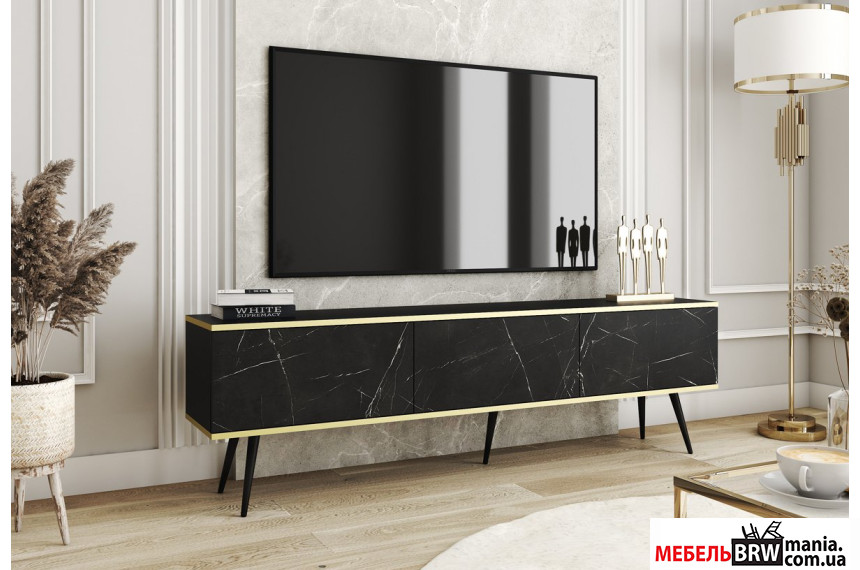Тумба под ТВ Perfect Home Оро / Oro RTV175 3-дверная с черными ножками Черный мрамор роял