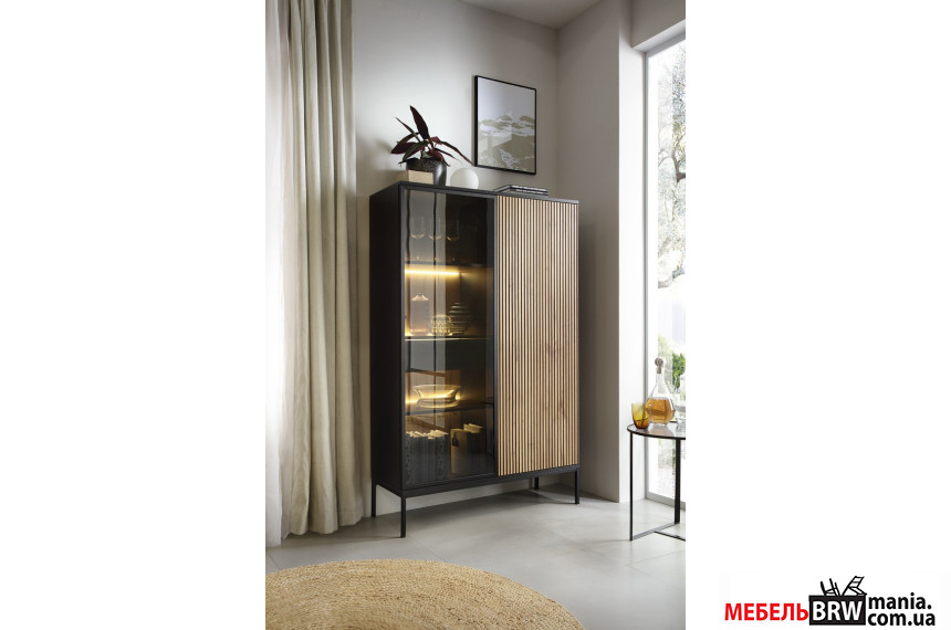 Витрина высокая с подсветкой Perfect Home Сенто / Sento WTSZ104 2-дверная Черный/дуб вотан