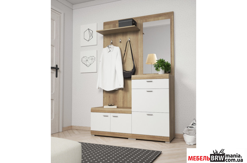 Прихожая с зеркалом Perfect Home Стелла / Stella 4-дверная с 1 ящиком Дуб ривьера/белый