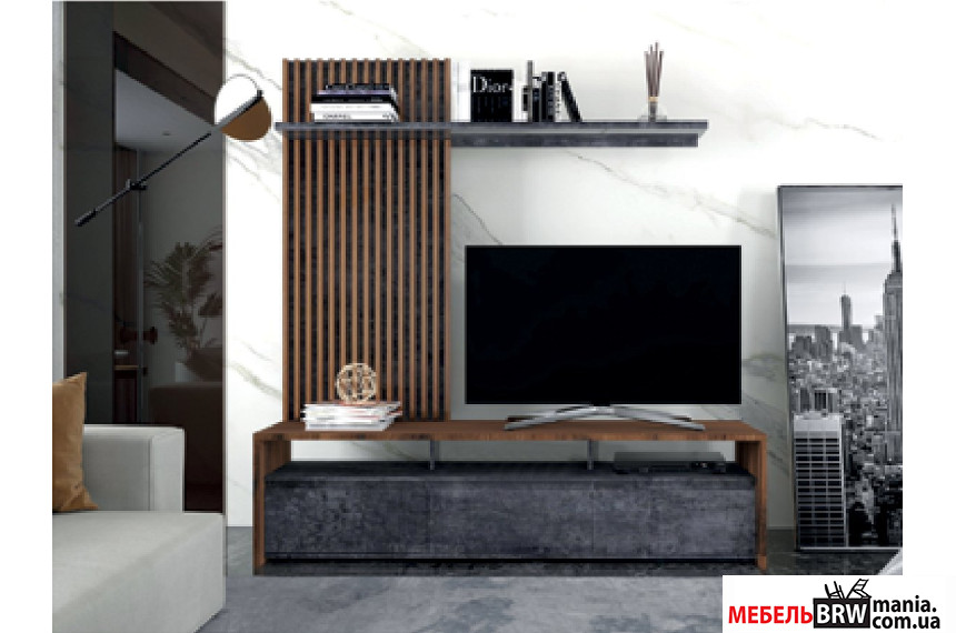 Стенка в гостиную Нео / Neo с декоративными рейками Гербор Дуб леворно/бетон темный