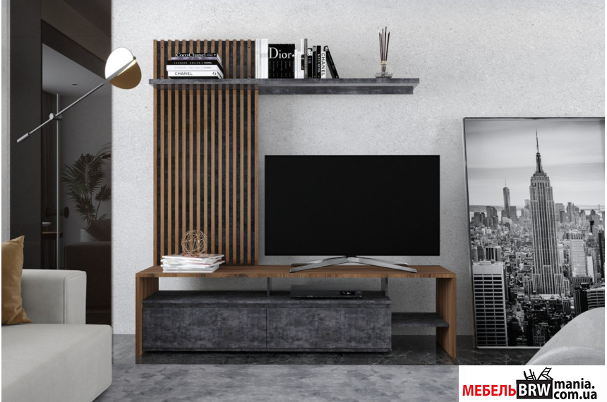 Стенка в гостиную Нео II / Neo II с декоративными рейками Гербор Дуб леворно/бетон темный