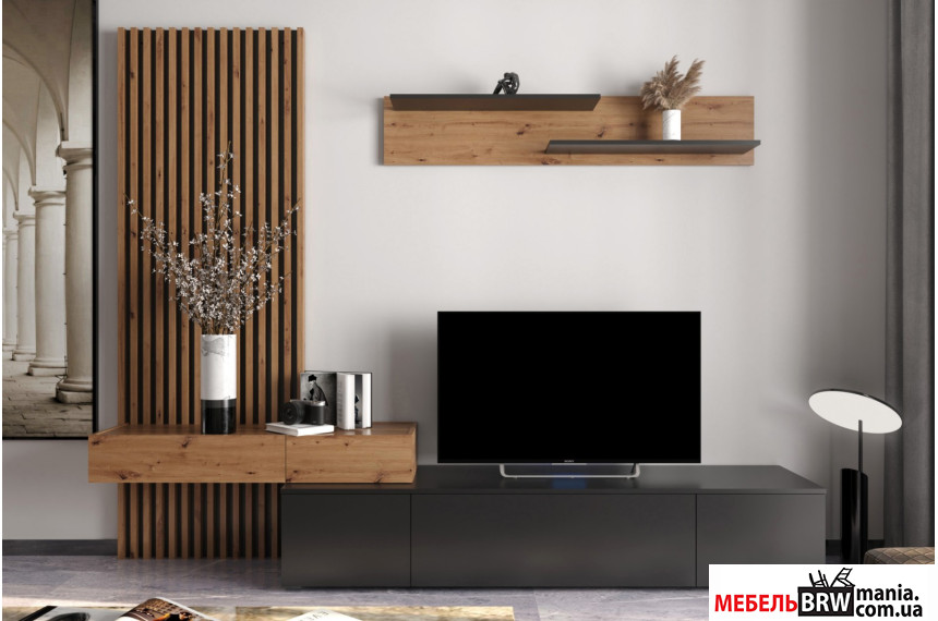 Стенка в гостиную Ребека плюс / Rebeca plus с декоративными рейками Гербор Дуб артизан/черный