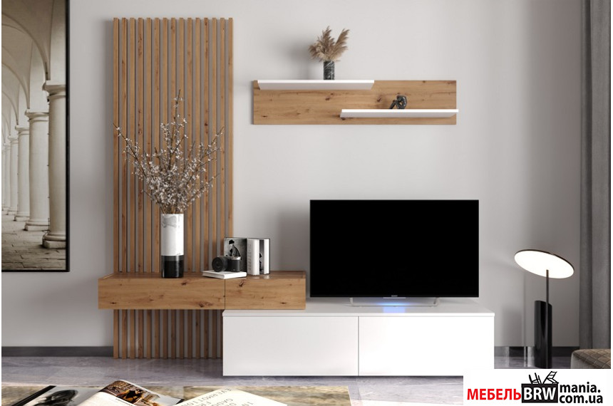 Стенка в гостиную Ребека / Rebeca с декоративными рейками Гербор Дуб артизан/нимфеа альба