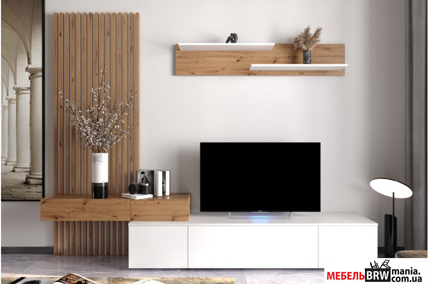 Стенка в гостиную Ребека плюс / Rebeca plus с декоративными рейками Гербор Дуб артизан/нимфеа альба