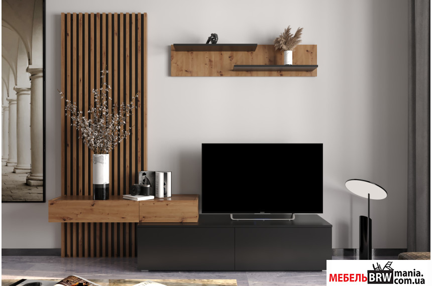 Стенка в гостиную Ребека / Rebeca с декоративными рейками Гербор Дуб артизан/черный