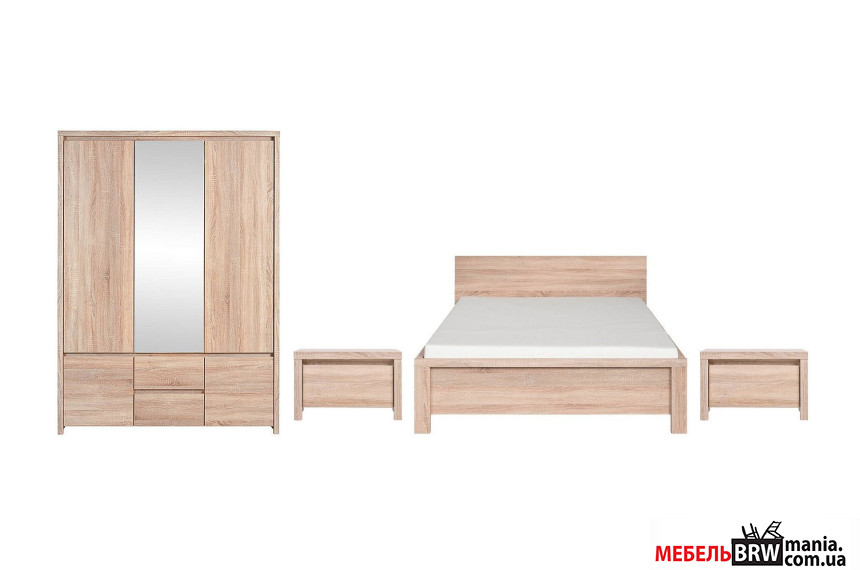Набор мебели в спальню Каспиан 3 / Kaspian 3 БРВ Дуб сонома с кроватю, тумбами прикроватными, шкафом платяным