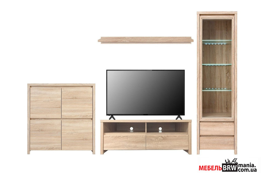 Стенка в гостиную Каспиан 3 / Kaspian 3 БРВ Дуб сонома с тумбой под ТВ, витриной, полкой, шкафчиком