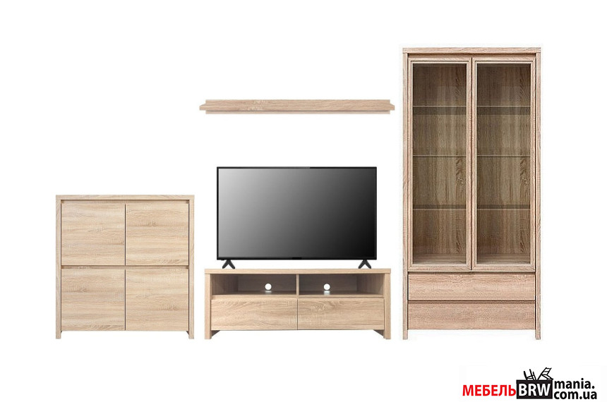 Стенка в гостиную Каспиан 4 / Kaspian 4 БРВ Дуб сонома с тумбой под ТВ, витриной 2-дверной, полкой, шкафчиком